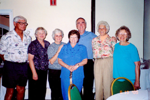 (left to right: John Fortune, Ellen Robertson, Nancy Thomas (wife of Ron Thomas), Bonnie and John Rogers, Betty Kadoma, and Rosalie Lawrence)
